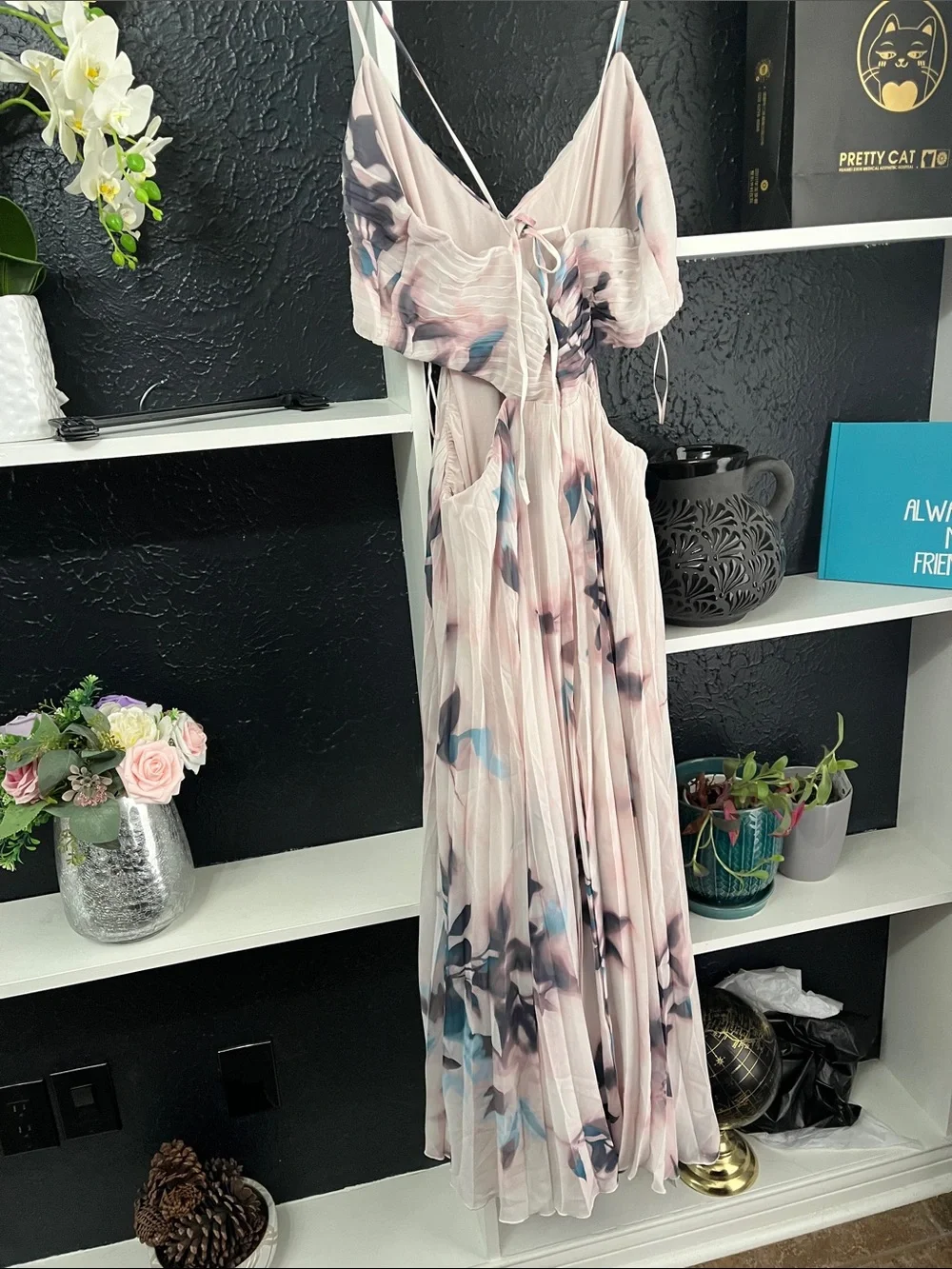 Abercrombie & Fitch Pleated Floral Maxi Dress in Blush Pink and Navy